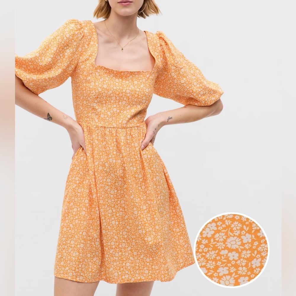 GAP Linen-Blend Puff Sleeve Mini Dress In Mini Orange Floral